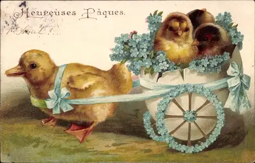 Präge Litho Glückwunsch Ostern, Entenküken zieht Eierkutsche mit Hühnerküken