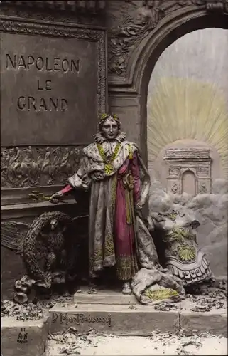 Künstler Ak Mastroianni, Napoleon Bonaparte, Le Grand, Rüstung, Lorbeerkranz, Arc de Triomphe