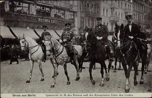 Ak Berlin Mitte, Spazierritt, Kaiser Wilhelm II., Kronprinz, Unter den Linen