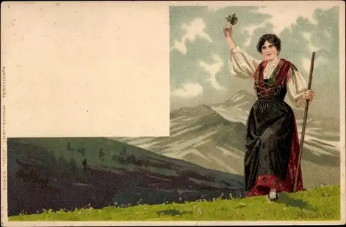 Künstler Litho Mailick, Frau in Tracht, Berge, Blumen, Gehstock