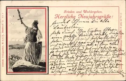 Künstler Ak Mailick, Glückwunsch Neujahr, Kriegerin, Schwert, Schutzschild