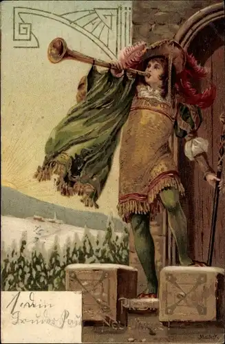 Präge Künstler Litho Mailick, Glückwunsch Neujahr, Trompeter