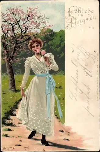 Künstler Litho Mailick, Glückwunsch Pfingsten, Frau mit Blume, Blühender Baum