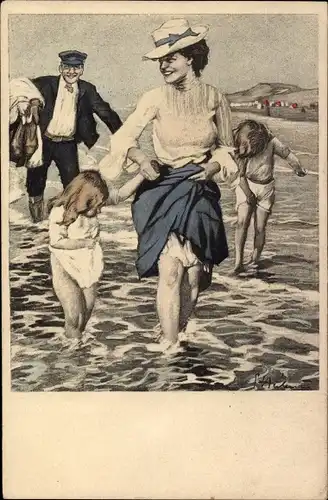Künstler Ak Frau mit Kindern im Wasser, Familie, Urlauber