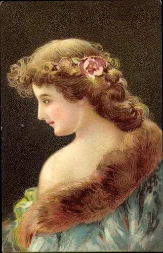 Ak Gemaltes Portrait einer Frau, Braune Haare, Blume