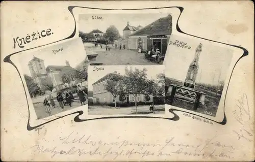 Ak Kněžice u Městce Králové Region Mittelböhmen, Kirche, Schule, Marienstatue, Straße