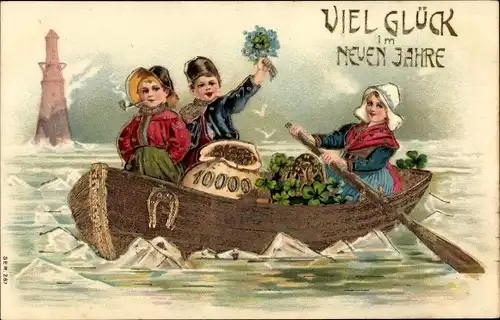 Präge Ak Glückwunsch Neujahr, Kinder in niederländischen Trachten, Ruderboot, Geldsäcke, Klee