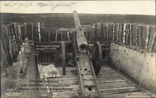 Ak Maubeuge Nord, Verlassene englische Artillerie Stellung, Geschütz, westl. Kriegsschauplatz, 1. WK