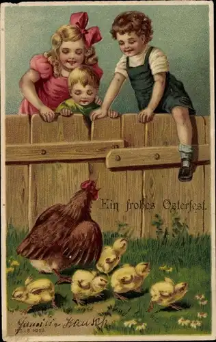 Präge Ak Glückwunsch Ostern, Küken, Huhn, Kinder 