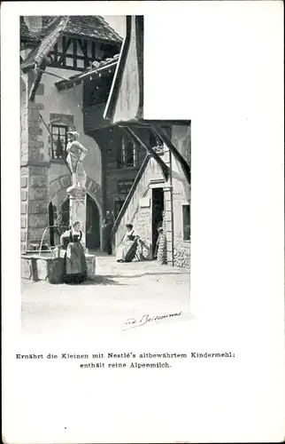 Künstler Ak Nestlé Kindermehl, Alpenmilch, Brunnen, Frau in Volkstracht