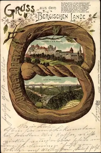 Bretzel Litho Solingen in Nordrhein Westfalen, Kaiser Wilhelm Brücke, Schlossburg an der Wupper