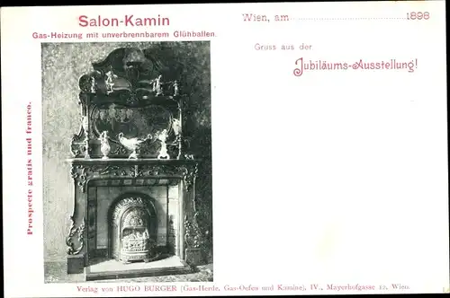 Ak Wien, Jubiläums-Ausstellung, Salon-Kamin, Gas-heizung mit unverbrennbarem Glühballen