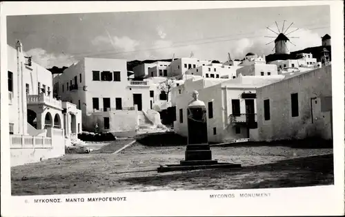 Ak Mykonos Griechenland, monument, moulin a vent, maisons blanches