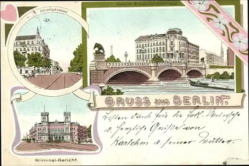 Litho Berlin Tiergarten Moabit, Kriminalgericht, Stromstraße, Moabiter Brücke, Kirchstraße
