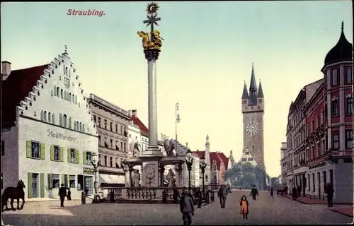 Ak Straubing an der Donau Niederbayern, Marktplatz mit Stadttheater