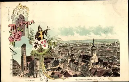 Litho München, Domfreiheit, Stadt vom Frauenturm gesehen, Kindl