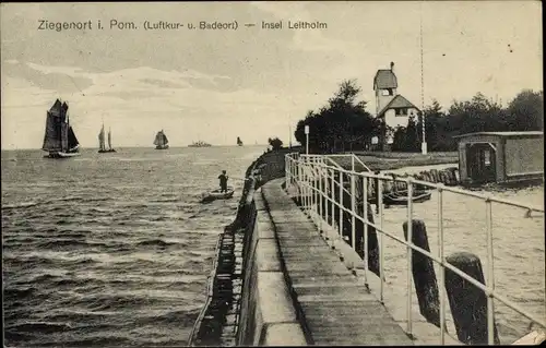 Ak Trzebież Bad Ziegenort Pommern, Insel Leitholm, Hafen