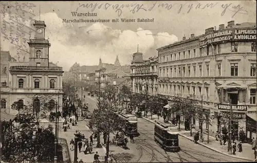 Ak Warszawa Warschau Polen, Marschallkowskastraße, Wiener Bahnhof, Geschäftshäuser, Straßenbahn