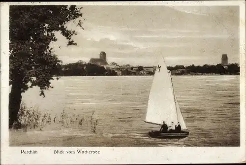 Ak Parchim in Mecklenburg, Stadtpanorama, Wockersee, Segelboot