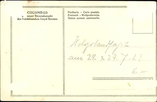 Ak Dampfschiff Columbus, Norddeutscher Lloyd Bremen