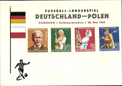 Briefmarken Ak Fußball Länderspiel Deutschland Polen, Volksparkstadion Hamburg 1959, Dt. Bundespost