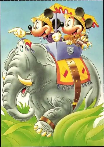 Ak Walt Disney, Mickey und Minnie auf dem Elefanten reitend