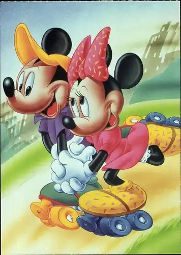 Ak Walt Disney, Mickey und Minnie fahren Rollschuh