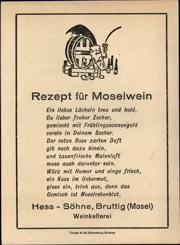 Ak Bruttig Fankel an der Mosel, Rezept für Moselwein, Hess-Söhne, Weinkellerei
