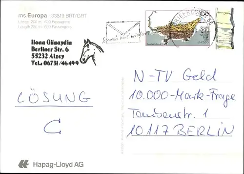 Ak Passagierschiff Europa, HAPAG Lloyd AG