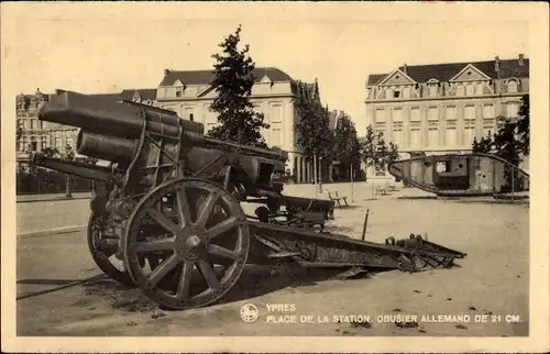 Ak Ypern Ypern Westflandern, Bahnhofsplatz, deutsche Haubitze