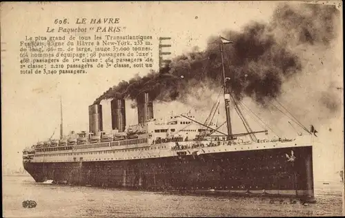 Ak Dampfer Paris, CGT, French Line