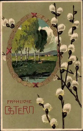 Präge Passepartout Litho Glückwunsch Ostern, Weidenkätzchen, Landschaft