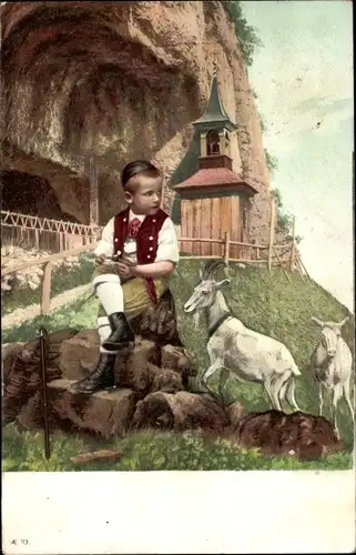 Ak Junge mit Ziegen im Gebirge, Kapelle