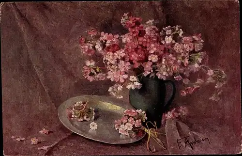 Künstler Ak Arnheim, Elly, Blumen, Stillleben, Teller