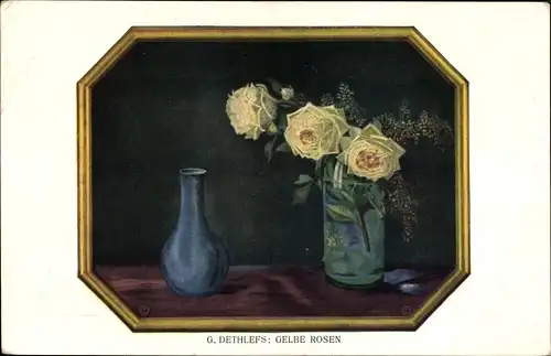 Künstler Ak Dethlefs, G., Gelbe Rosen in einer Vase