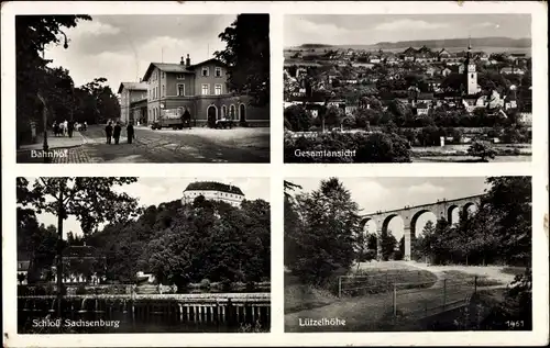 Ak Frankenberg in Sachsen, Bahnhof, Schloss Sachsenburg, Lützelhöhe, Viadukt, Panorama