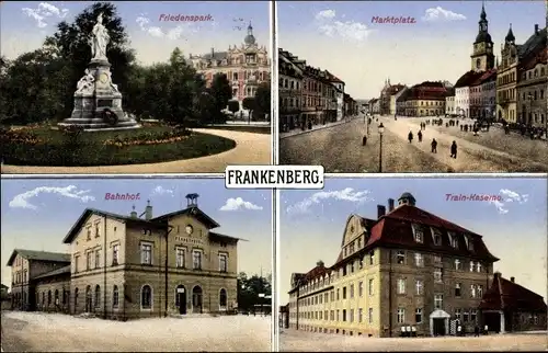 Ak Frankenberg in Sachsen, Friedenspark, Marktplatz, Bahnhof, Train Kaserne