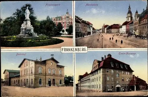 Ak Frankenberg in Sachsen, Friedenspark, Marktplatz, Bahnhof, Train Kaserne
