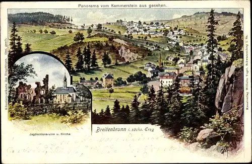 Künstler Ak Falk, G., Breitenbrunn im Erzgebirge, Panorama v. Kammerstein, Jagdschlossruine, Kirche