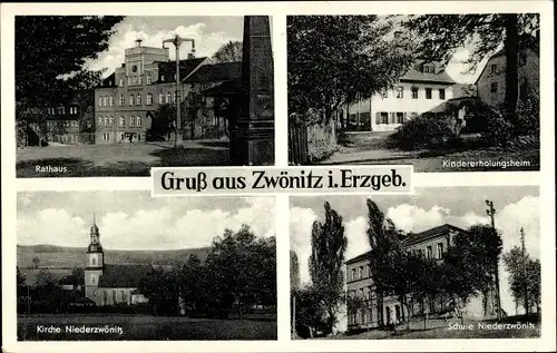 Ak Zwönitz im Erzgebirge Sachsen, Rathaus, Kindererholungsheim, Niederzwönitz, Kirche, Schule