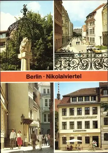 Ak Berlin Mitte, Nikolaiviertel, Bärenskulptur, Straßenzug, Kaffeestube