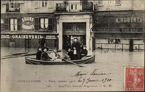 Postkarte Paris, Überschwemmungen 1910, Quai des Grands Augustins