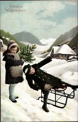 Ak Fröhliche Weihnachten, Dorfpartie, Kinder, Schlitten