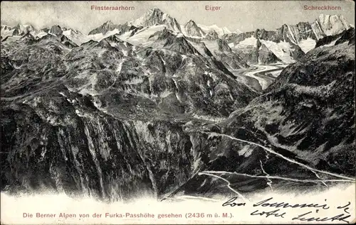 Ak Berner Alpen Schweiz, von der Furka-Passhöhe gesehen, Finsteraarhorn, Eiger, Schreckhorn