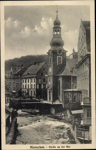 Ak Monschau Montjoie in der Eifel, Teilansicht, Rur, Kirche, Brücke
