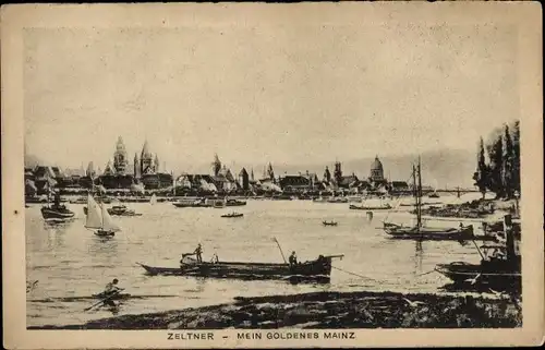 Künstler Ak Zeltner, Mainz am Rhein, Blick zur Stadt, Boote