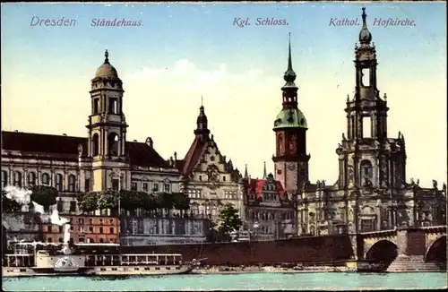 Ak Dresden Altstadt, Ständehaus, Kgl. Schloss, Katholische Hofkirche, Dampfer