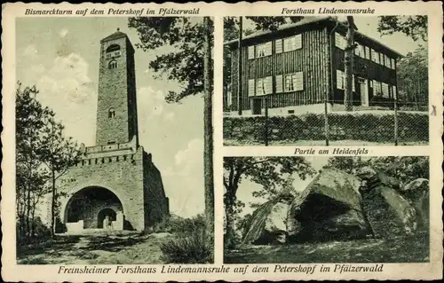 Ak Freinsheim Weinstraße Pfalz, Forsthaus Lindemannsruhe, Peterskopf, Heidenfels, Bismarckturm