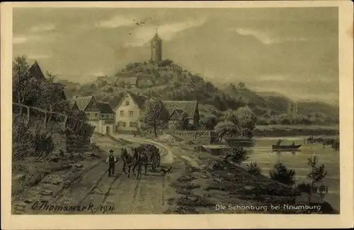 Künstler Ak Thomasczek, O., Schönburg an der Saale Burgenlandkreis, Blick zur Burg