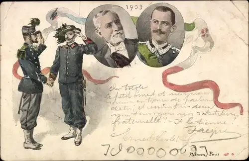 Künstler Litho Italienisch Französischer Zweibund, Soldaten beider Nationen schütteln Hände, 1903